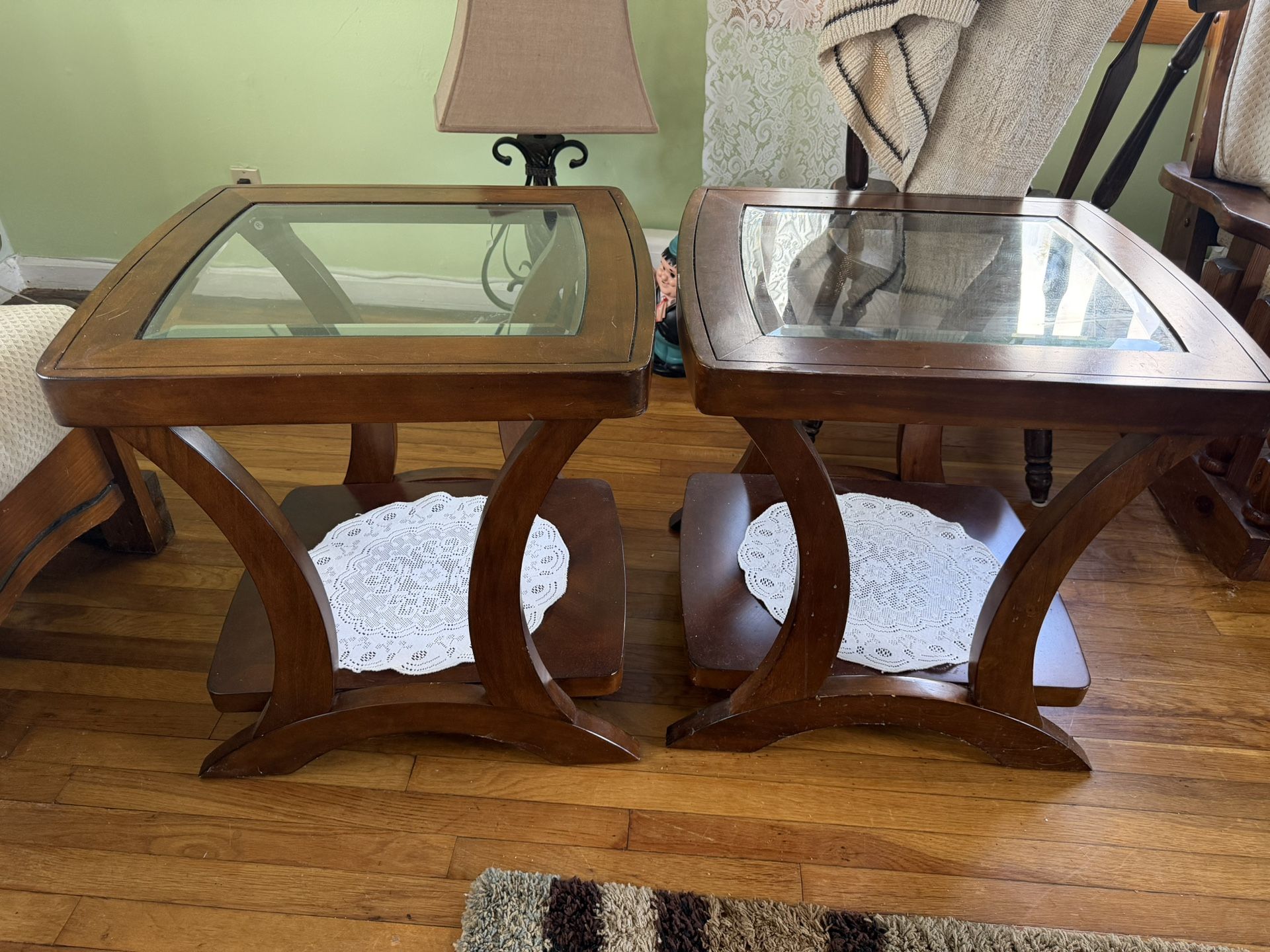 Set of 2 Elegant Wooden End Tables with Glass Tops +1 coffee table