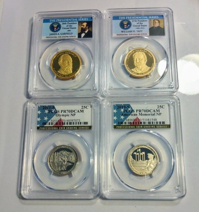 SET OF (4) CERTIFIED COINS GRADE 70 $1 PRESIDENTIAL DOLLAR AND ¢25 QUARTER DOLLAR TO COLLECT