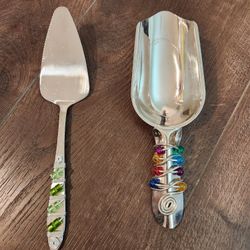 Vintage Artisan Wire Wrapped Beaded Stainless Steel Ice Scoop and cake server  