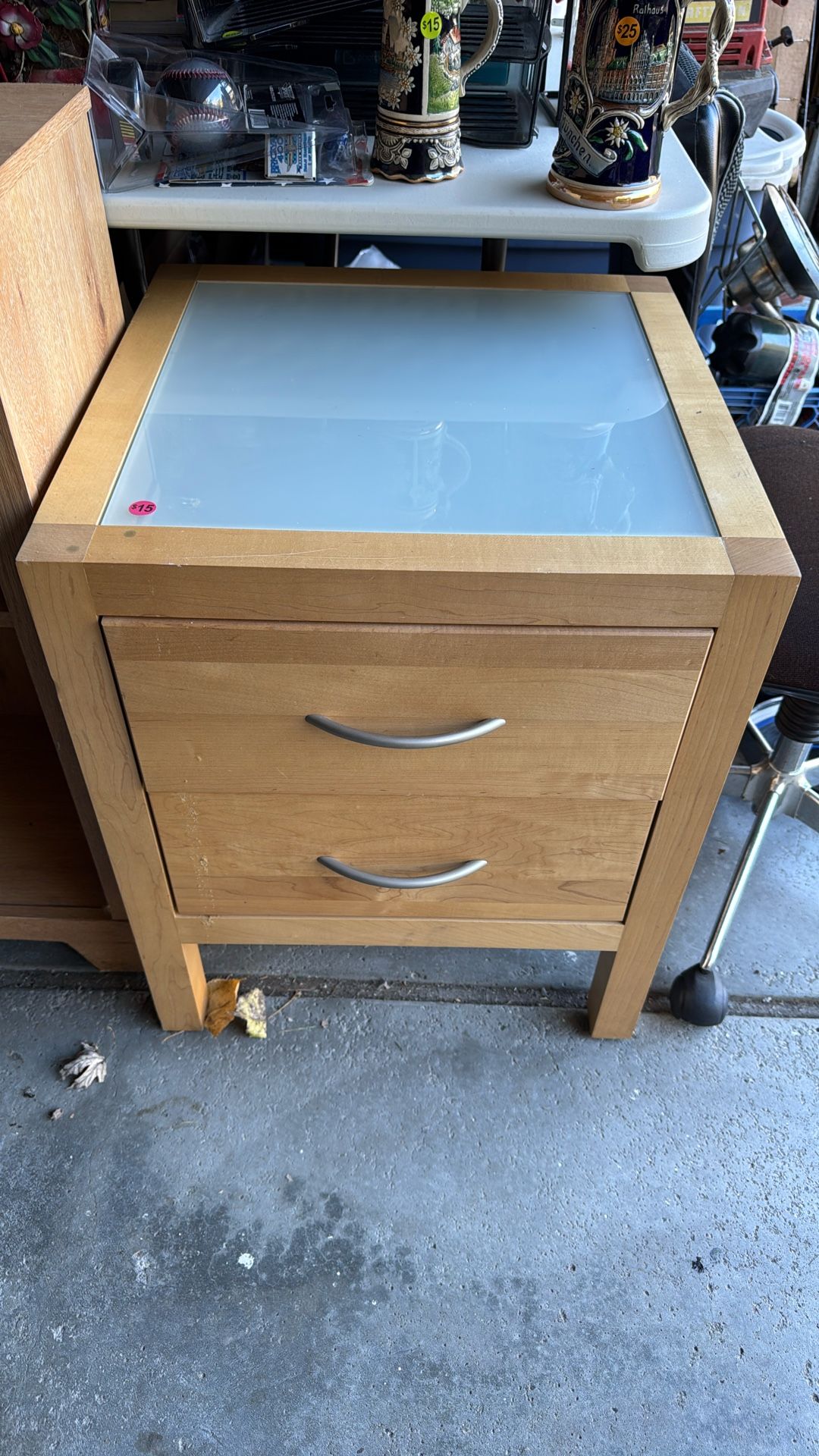 Nightstand With Cloudy Glass Top.  2 Drawer