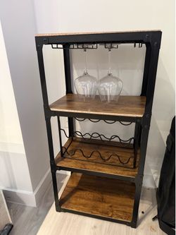 Industrial Bar Cart / Wine Rack Shelf with 2 wine glasses