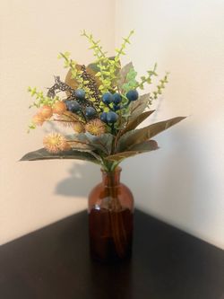 Artificial Floral Arrangement in Amber Glass Vase