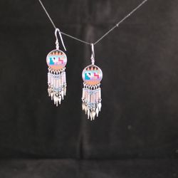 Copper Triangle Top, Blue/Fuscia-toned Shapes w/Blue-Purple Background Middle Native American-Inspired Circular Beaded Earrings