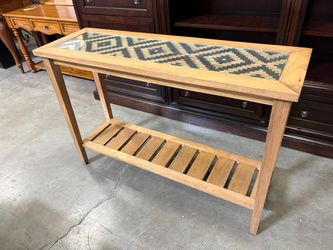 Light Wood 2 Tier Console Table with Geometric Woven Top Under Tempered Glass Insert