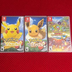 Nintendo Switch Games. Pokémon Let’s Go Pikachu, Pokémon Let’s Go Eevee, Pokémon Mystery Dungeon.