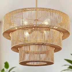 25" Boho Hand Woven Rattan Chandelier Light Fixture