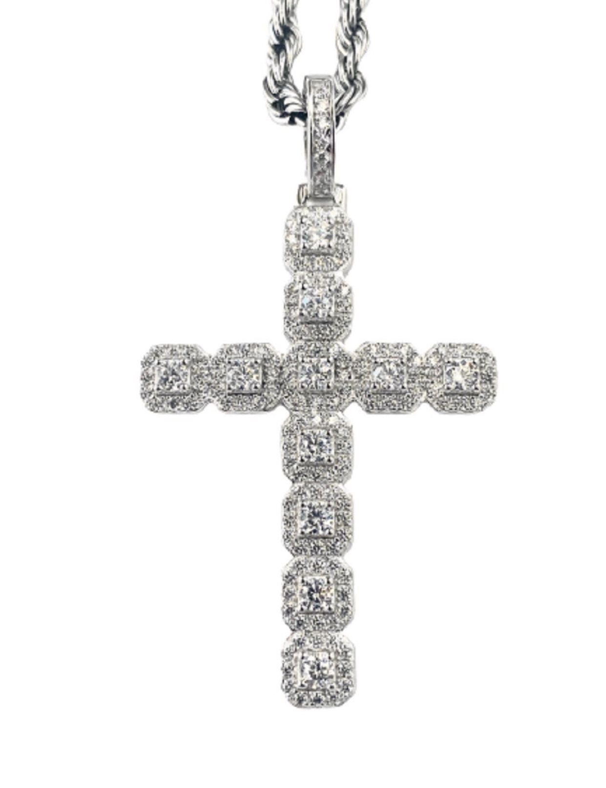 Italy 925 Sterling Silver Clustered Tennis Cross 14K White Gold 5X Layered Iced Pendant Stainless Steel Rope Chain 16” 24” Inches Set