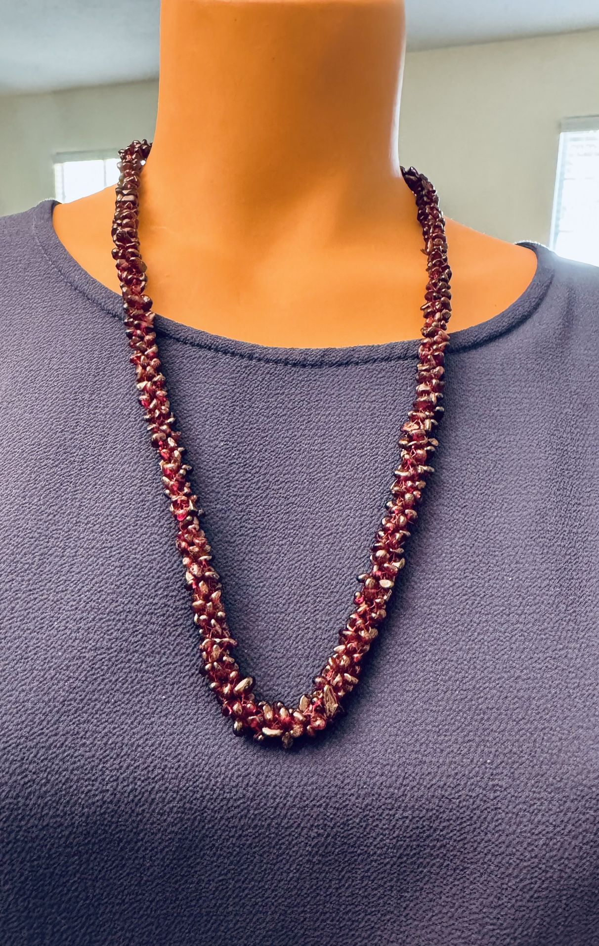 Vintage Necklace Dark Red Garnet Gemstone Polished Stone Bead Rope Strand 26” Long.