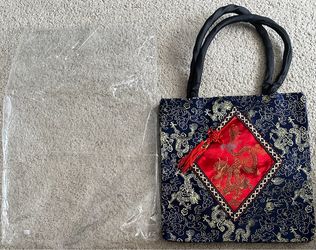 Unique 2-Sided Chinese Silk Brocade Tote Bag (Dragon & Phoenix) - Brand New
