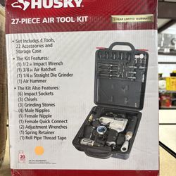 NEW IN BOX Husky 4-Pc Air Tool Kit With 1/2 in. Impact, 3/8 in. Ratchet, Die Grinder, Hammer, Sockets, Chisels, Grinding Stones -27 pcs