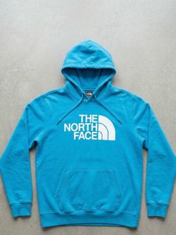 North face hoodie blue and white lettering
