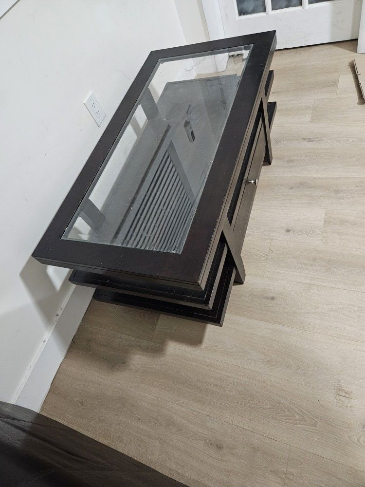 Dark Brown Coffee Table - Glass Top