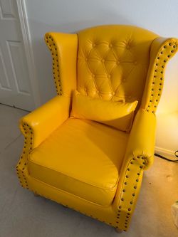 Yellow Leather Tufted Wingback Accent Chair