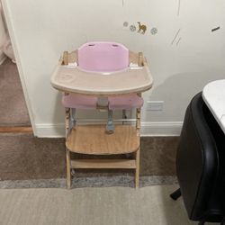 Cowiewie Natural Wooden High Chair for Babies & Toddlers 3-Tier Remove Adjustable Tray and Highchair with Cushions, Easy to Clean, Portable. (Pink)