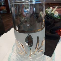 Vtg Italian Frosted Pitcher with Gold Detailed Wheat Stalks