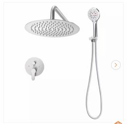 Shower Faucet Set, 10 in. Rain Shower Head and 6-Spray, Wall Mounted with Brass Valve and Trim Kit, Brushed Nickel