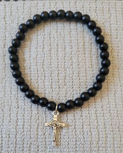 Men Black Onyx Beads Stretch Bracelet Sliver Color Cross Pendant