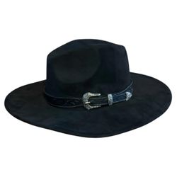THE PIONEER WOMAN Black Fedora Hat with Embossed Band & Silver Buckle NEW