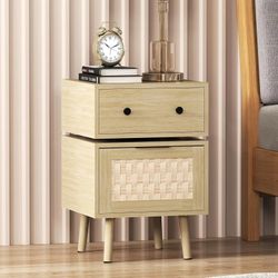 Home Nightstand, Rotating Bedside Table with Woven Doors, Rattan Bedside Table with Storage for Bedroom, Living Room
