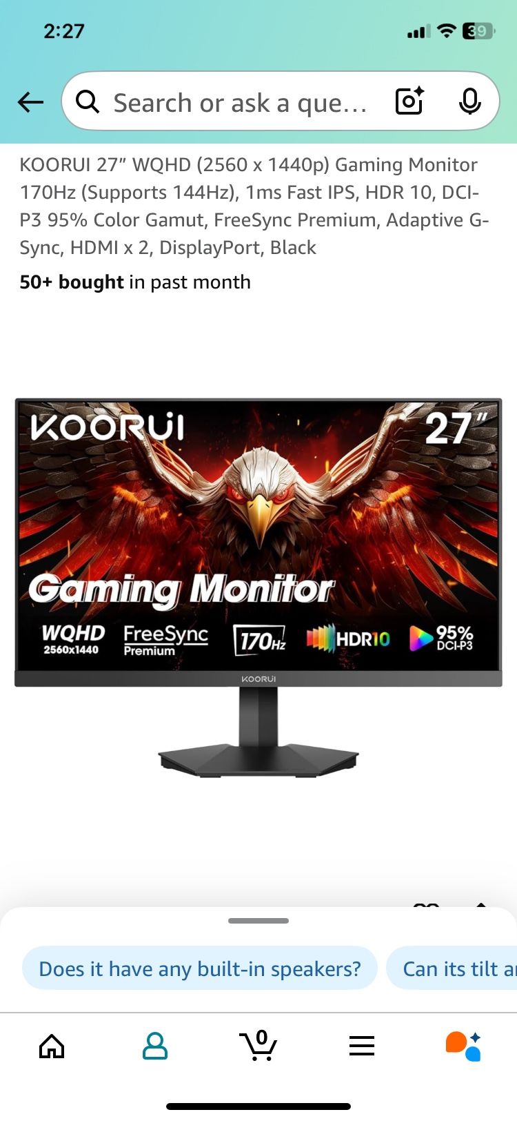 KOORUI 27” WQHD (2560 x 1440p) Gaming Monitor 170Hz (Supports