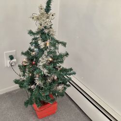 Vtg. 3 Foot Artificial Christmas Tree Wood Stand + Garland + Lights + Star