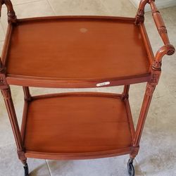 Vintage Wooden Tea Cart With Brass Casters
