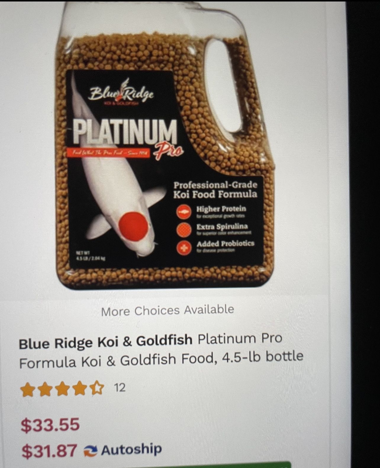 Blue Ridge Koi & Goldfish Platinum Pro Formula Food 4.5 Pounds Per Bottle