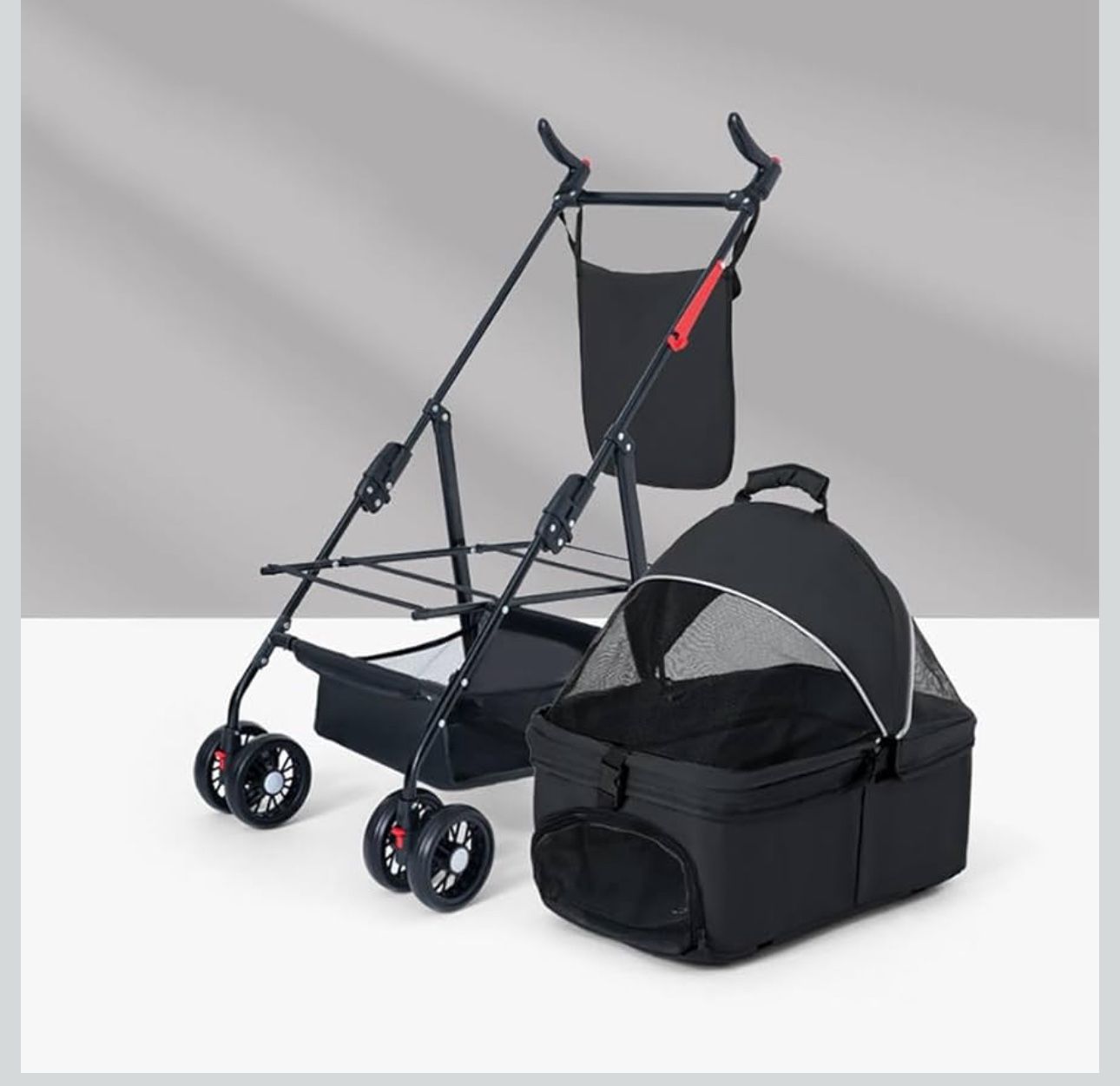 4-Wheel Multi-Functional Pet Trolley, Foldable Cat and Dog Travel Carrier, Detachable Portable Puppy Cage, Small Pet Push Box with Storage Basket, 3-i