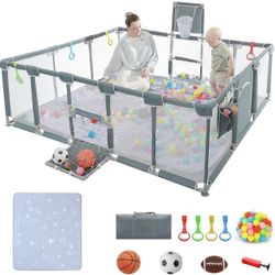 79"x71"Baby Playpen with Mat Indoor＆Outdoor Playpen for Babies and Toddlers with Breathable Play Pen with Ocean Balls Hanging Pocket Basketball Hoop a