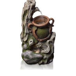 Antique Jar Outdoor Fountain with Natural Wood Accents
