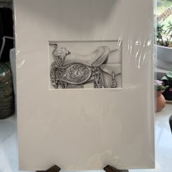 Amazing Artist Proof 9/10 "Tracy's Saddle" - Artist Signed Sherri Carter Matted 11” x 14”  Original Materials: Graphite on Paper  Ready to Frame in a 