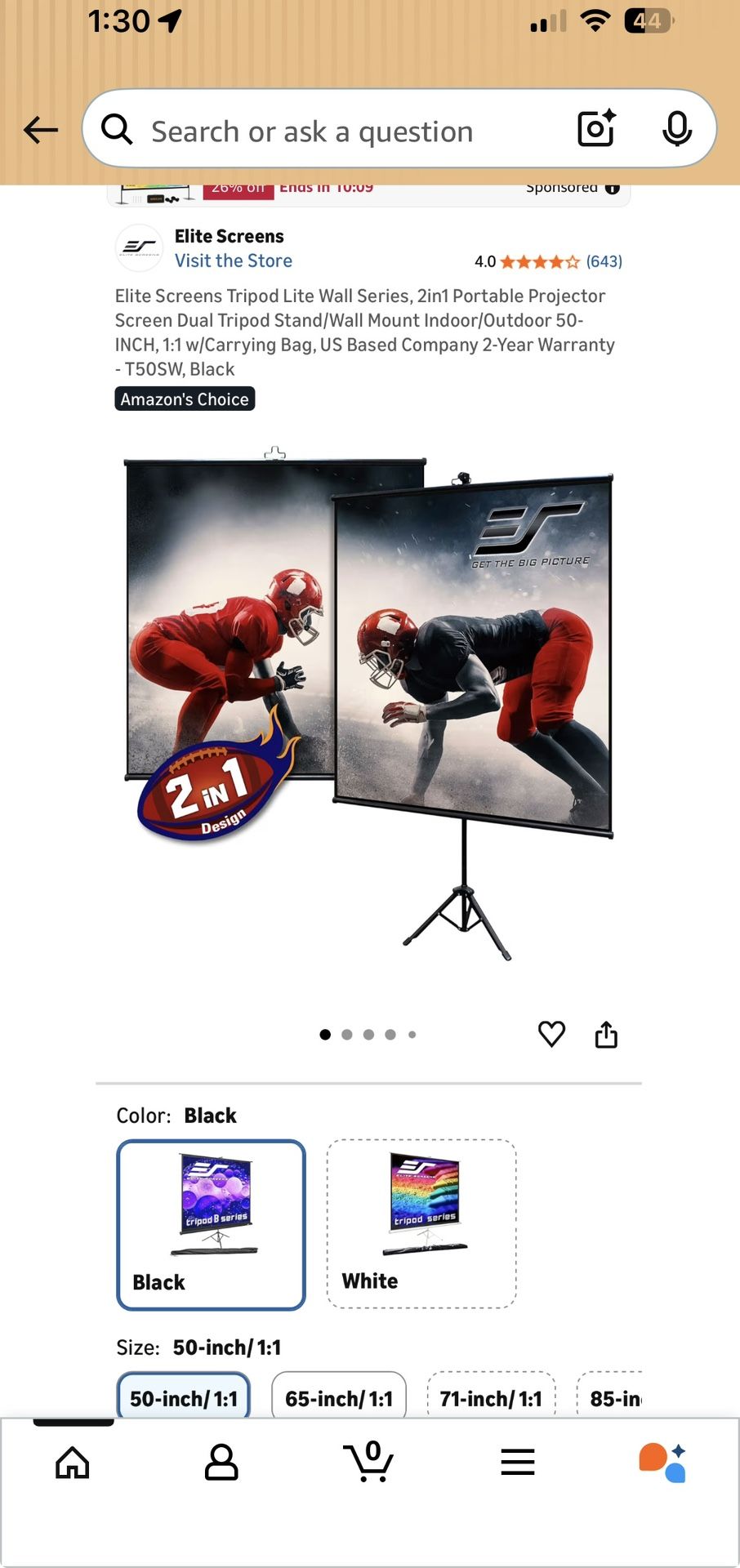 Elite Screens T50SW 50” Projector Screen