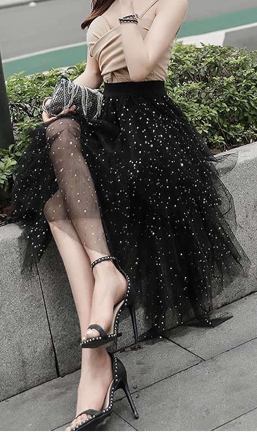 Tulle Skirts High Waist Elastic Midi Skirt A-line Irregular Layered Mesh Tutu Skirts