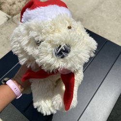 Cream white dog with Santa hat and red scarf plush stuffed animal