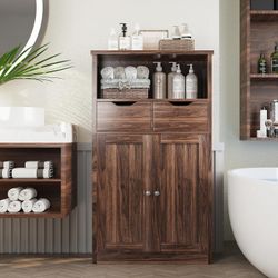Bathroom Floor Storage Cabinet with Doors and Drawers Bathroom Organizer Freestanding Side Cupboard Pantry with Adjustable Shelf, Walnut
