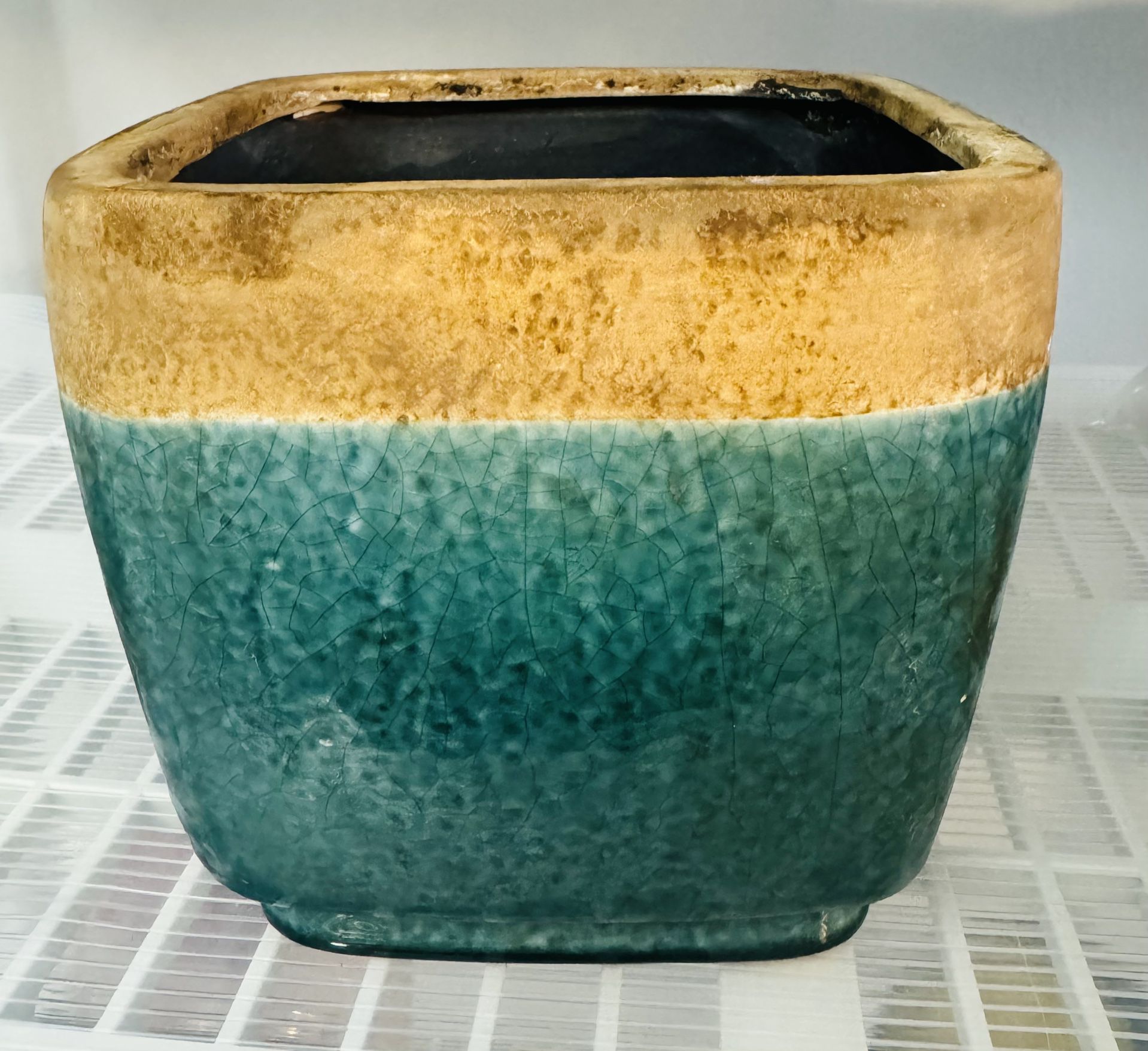 Vintage Stoneware Pottery Square Planter Blue with Beige Tan Band Flower Pot