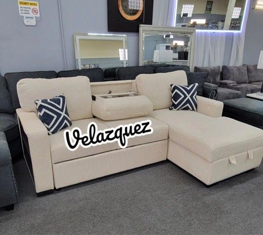 ✅️✅️2 pc Beige boucle fabric sectional sofa with pop up sleep area and storage chaise drop down tray table wireless charging✅️✅️
