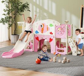 Playground Set 8-in-1 Toddler Slide, Pink & White, Toddler Outdoor Playset, with Toddler Climber and Kids Slide, Suitable for Indoor Playground for Ki