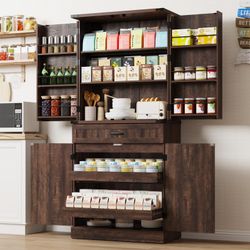 71" Tall Kitchen Pantry Cabinet with 3 Drawers,Farmhouse Storage Cabinet with 6 Barn Door Shelves,with Load-Bearing Steel Pipe and Adjustable Shelves,