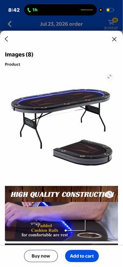 Barrington 10 Player Folding Oval Poker Table with LED Lights, Steel Cup Holders & Padded Armrests,