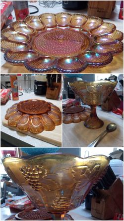 Vintage Carnival Glass Egg platter and Fruit Bowl