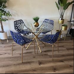 Navy Blue Gold Dining Chairs and Table Set For 4 