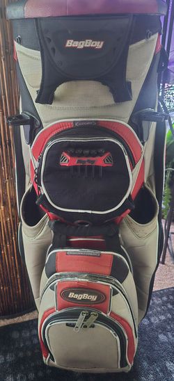 Bag Boy Revolver Pro Golf Cart Bag 14 Way Rotating Top Red Tan Black