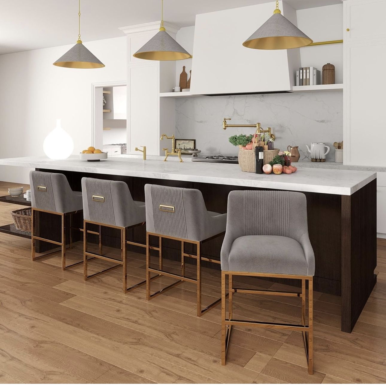 24" Velvet Counter Height Bar Stools Set of 6,Gold Bar Stools with Back, Beige Island Chairs