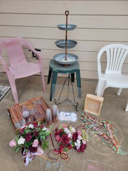 Wedding. 3 tiered tray. Bouquets. Misc decor