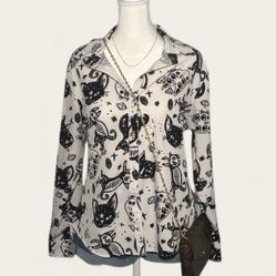 Black & White Cat Long Sleeve Button-Up Top