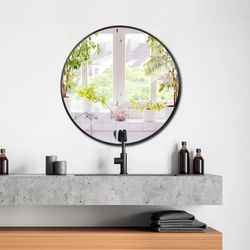 24 inch Round Wall Mirror Modern Black Frame Bathroom Circle Mirror