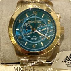 Brand New Michael Kors Runway Stop Hunger Blue Dial Gold Steel Strap Watch – MK8315