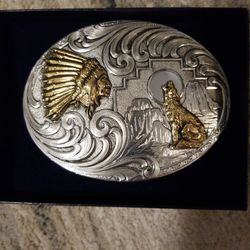 Belt Buckle.  Indian Chief.  Coyote & Moon. Montana Silversmiths. 