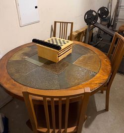 Round Wood Dining Table with Slate Tile Top